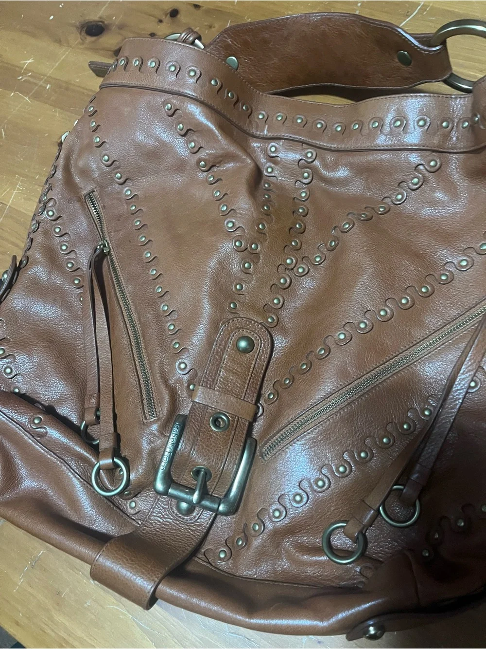 Isabella Fiore Tan Leather Hobo with Buckle & Stud Detailing